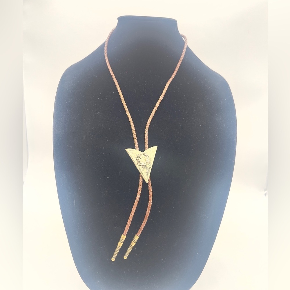 Vintage square Dancing Bolo, Western Triangle arrowhead Leather Necklace